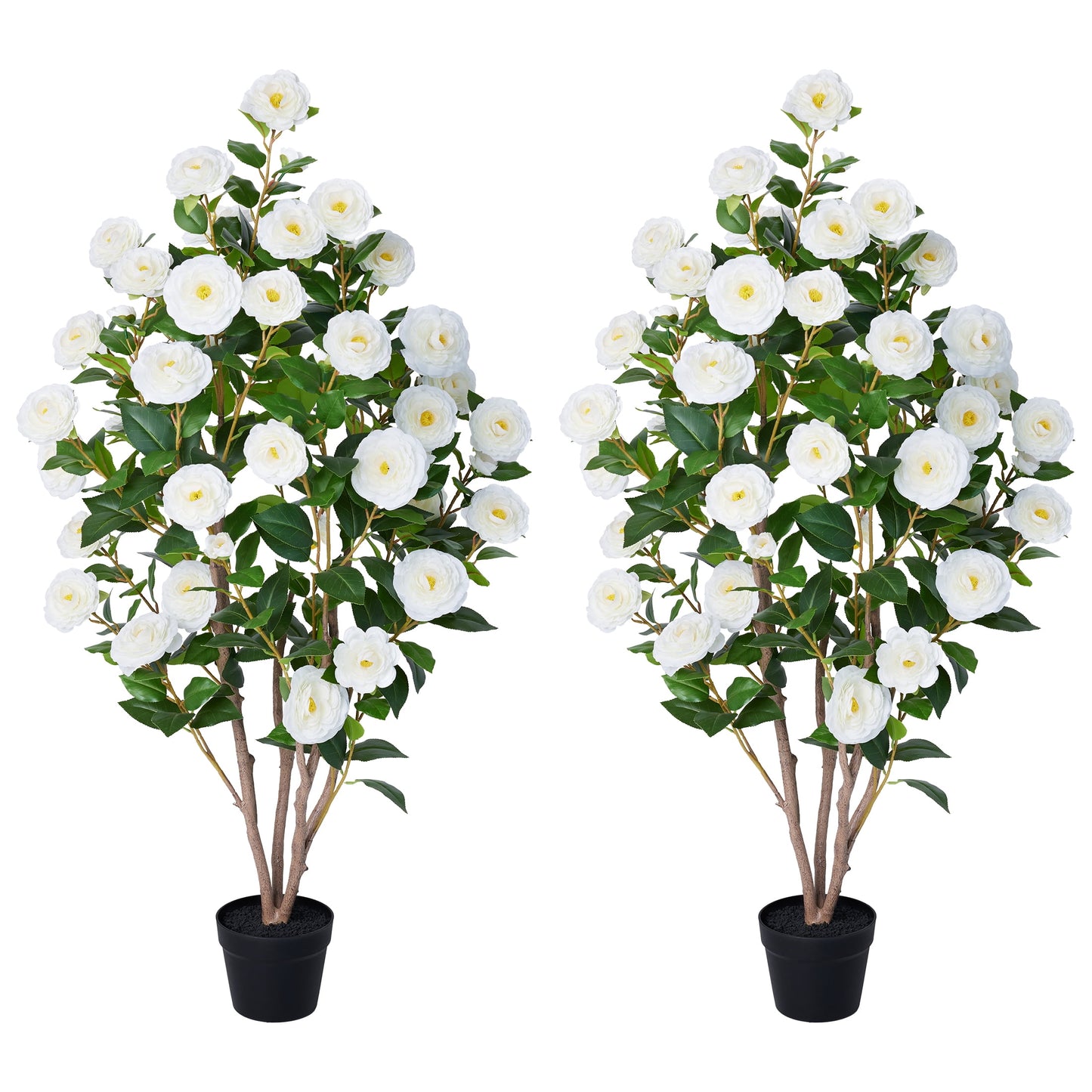 2 Pack Artificial Camellia Tree 4FT Tall Faux Camellia Plant UV Resistant Fake Flowering Tree Potted ¨C 48 Blooming White Flowers & 348 Silk Leaves, Artificial Plant Indoor Outdoor Decor for Living Ro