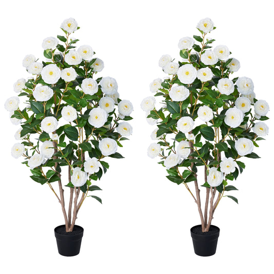 2 Pack Artificial Camellia Tree 4FT Tall Faux Camellia Plant UV Resistant Fake Flowering Tree Potted ¨C 48 Blooming White Flowers & 348 Silk Leaves, Artificial Plant Indoor Outdoor Decor for Living Ro