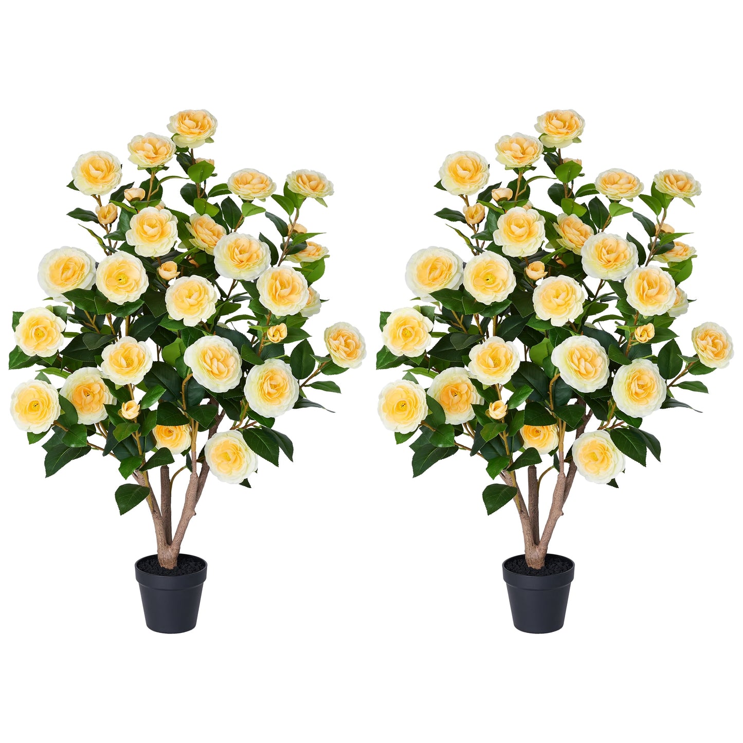 2 Pack Artificial Camellia Tree 3FT in Pot ¨C 27 Blooming Yellow Flowers & 252 Leaves UV Resistant Faux Camellia Plant for Indoor Outdoor Decor, Front Door Porch Patio Living Room Office
