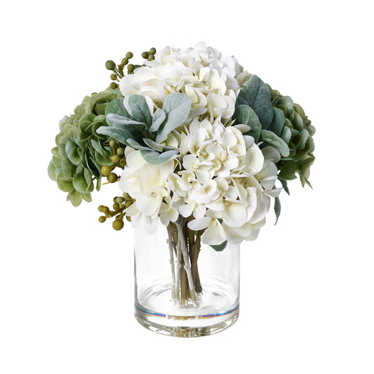 DR.Planzen Artificial Hydrangea Arrangement in Glass Vase, 8 Branches with White Flowers & Green Fruit, 12" Low-Maintenance Floral Centerpiece for Tabletop Home Office Decor