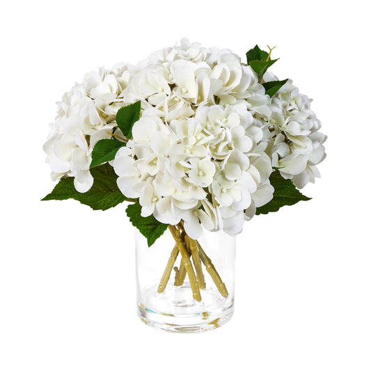 DR.Planzen Artificial Hydrangea in Vase with Faux Water, 12" Realistic White Silk Flowers, 5 Stems 40 Leaves 90 Florets, Ready-to-Use Tabletop Decor for Home Office