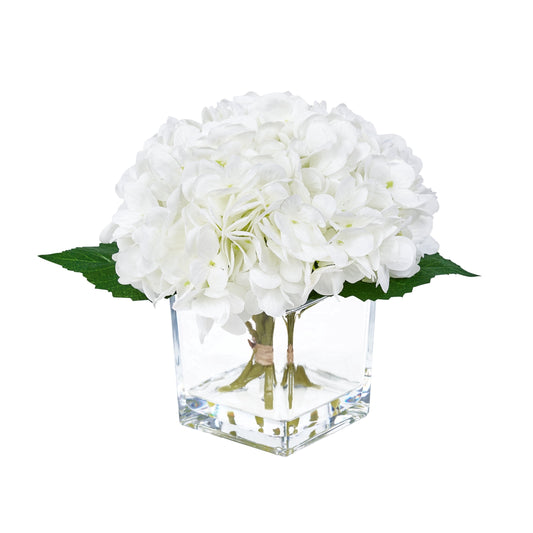 DR.Planzen 8'' Artificial White Hydrangea in Square Glass Vase - Realistic 384-Petal Silk Flower with Faux Water, Home Office Tabletop Decor
