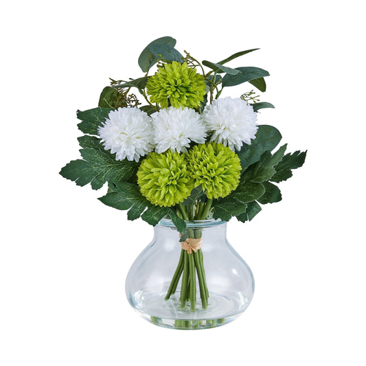 DR.Planzen Artificial Chrysanthemum & Eucalyptus Arrangement, White & Green Fake Flowers in Apothecary Glass Vase with Faux Water, 12.9" Home Office Decor