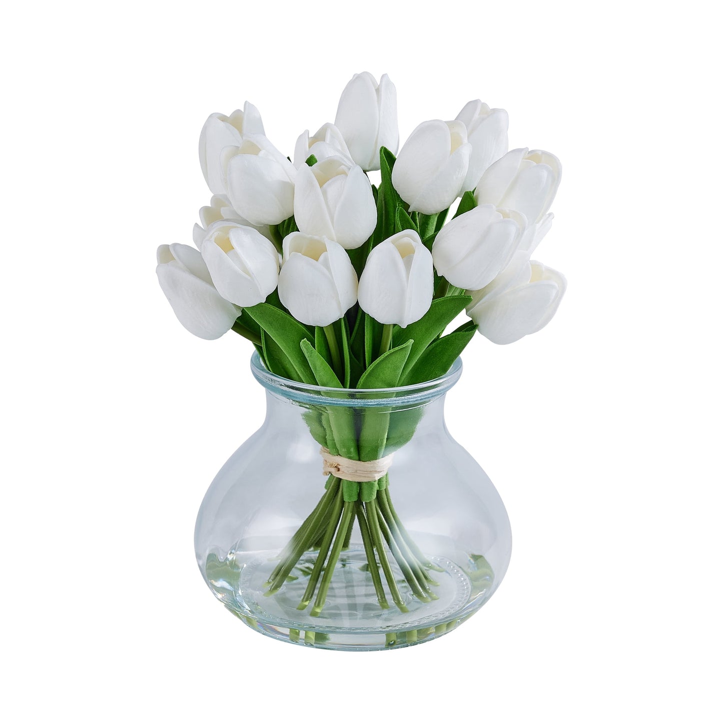 DR.Planzen Artificial White Tulip Arrangement in Glass Vase, 8 Bloom Fake Flowers with Faux Water, 10.2in Tall Home Decor Centerpiece