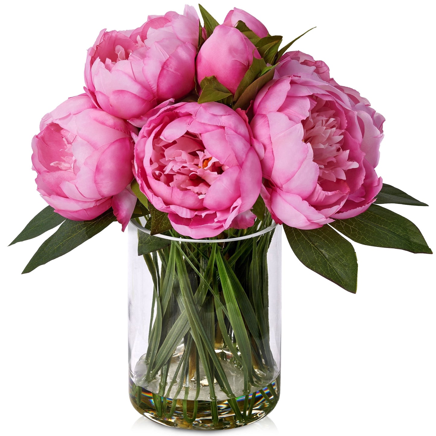 DR.Planzen Peach-Red Artificial Peony Plant in Vase, 9 Bloom & 82 Leaves Silk Flower Arrangement with Faux Water, 12¡± Home Office Table Decor