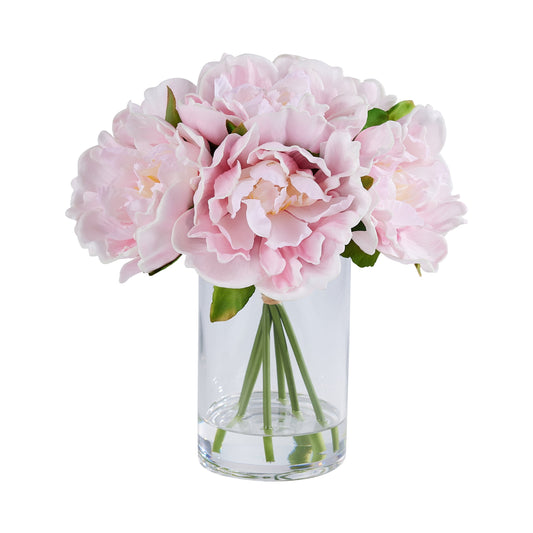 DR.Planzen Artificial Pink Peony Bouquet in Cylinder Vase with Faux Water, 6 Stems with 6 Realistic White Peony Blooms, 10.6" Tall Ready-to-Use Home Office Centerpiece Decor
