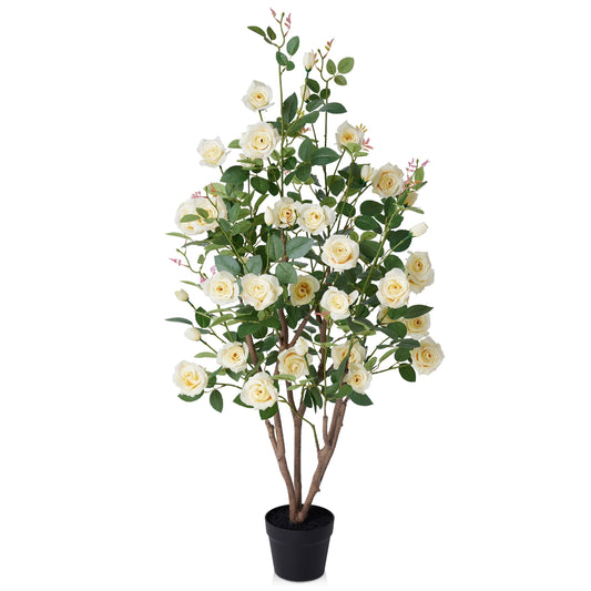 DR.Planzen 4ft Artificial Yellow Rose Tree with Green Leaves, Lifelike Faux Rose Flower Tree for Home Decor Indoor Outdoor, Living Room Office Decoration