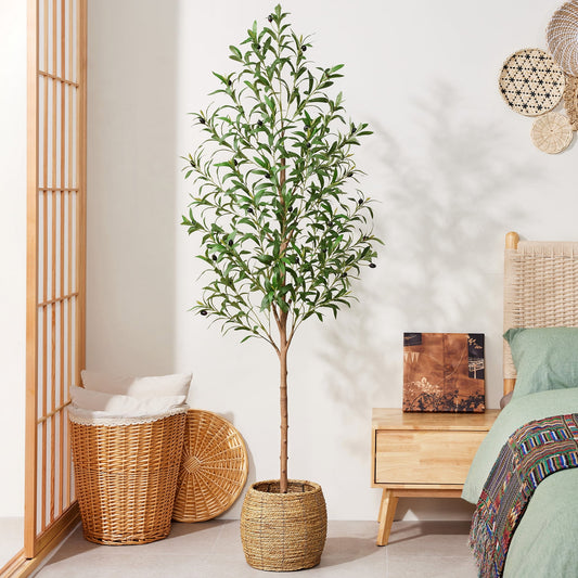 DR.Planzen Artificial Olive Tree 7 ft Tall Faux Floor Plant in Black Pot - Realistic Greenery with Adjustable Branches and Fruits - Indoor Home Office Decor for Living Room Apartment Workspace