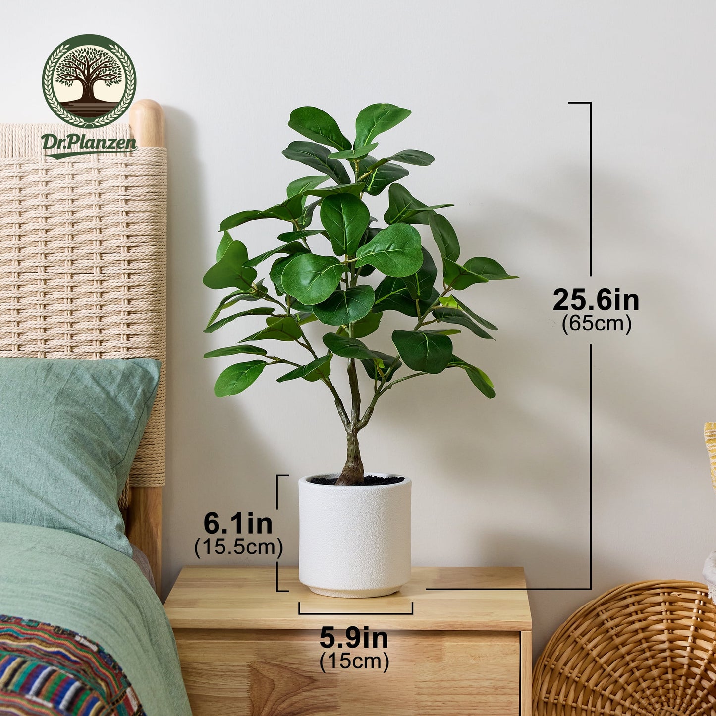 DR.Planzen Artificial Fiddle Leaf Fig Tree, 25.6 Inch Tall Lifelike Fake Plant in White Pot, Realistic Indoor Ficus Lyrata for Home Office Living Room Decor