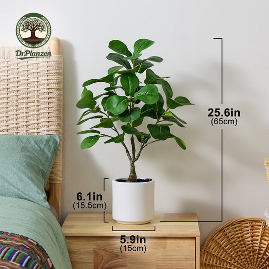 DR.Planzen Artificial Fiddle Leaf Fig Tree, 25.6 Inch Tall Lifelike Fake Plant in White Pot, Realistic Indoor Ficus Lyrata for Home Office Living Room Decor