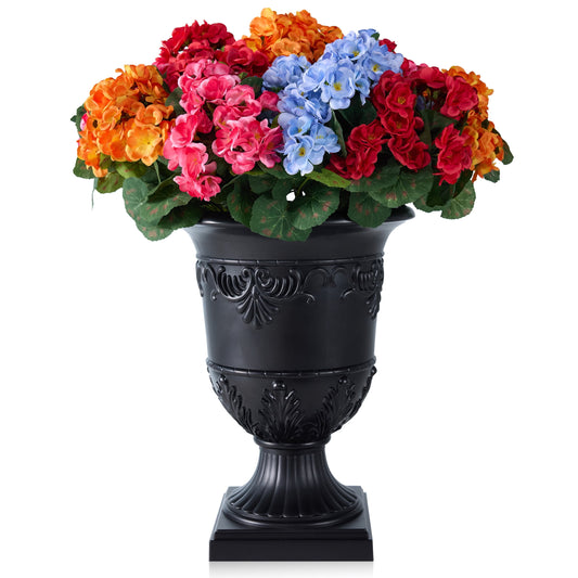 DR.Planzen Artificial Geranium in Charming Urn Planter Set, 24.8 Inch Tall Lifelike Faux Flowers, Pre-Potted with Tray for Indoor Home and Patio Decor, 1 Piece