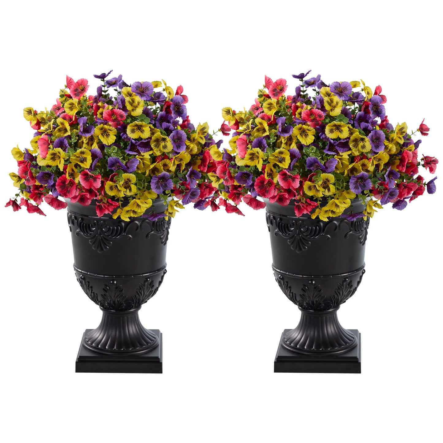 DR.Planzen 2Pack Artificial Pansy in Charming Urn Planter Set, 24.8 Inch Tall Lifelike Faux Flowers, Pre-Potted with Tray for Indoor Home and Patio Decor