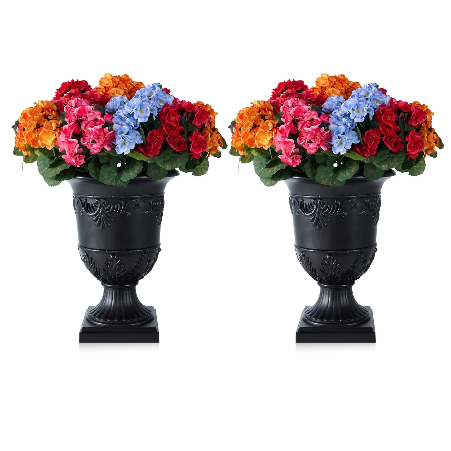 DR.Planzen 2Pack Artificial Geranium in Charming Urn Planter Set, 24.8 Inch Tall Lifelike Faux Flowers, Pre-Potted with Tray for Indoor Home and Patio Decor