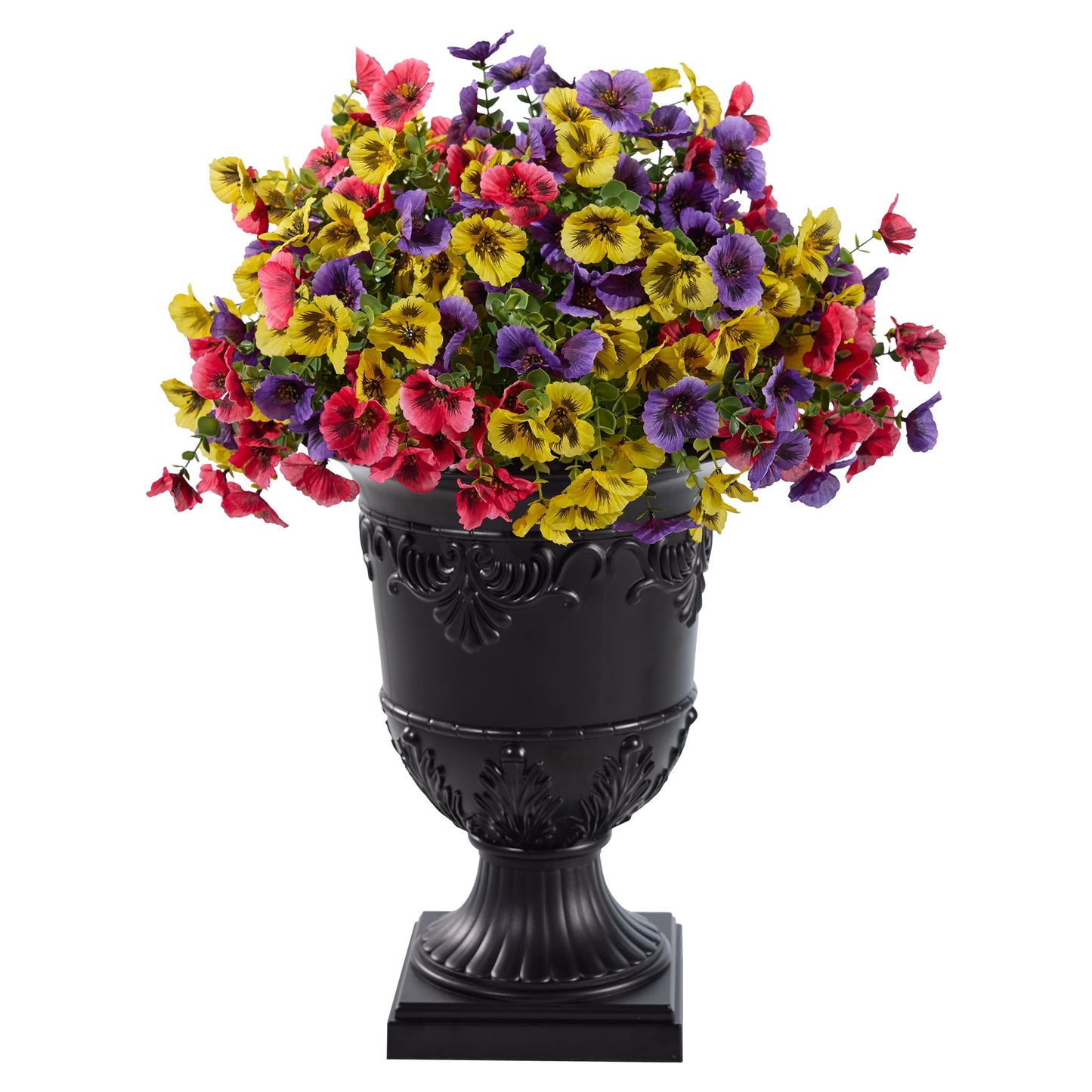 DR.Planzen Artificial Pansy in Charming Urn Planter Set, 24.8 Inch Tall Lifelike Faux Flowers, Pre-Potted with Tray for Indoor Home and Patio Decor, 1 Piece