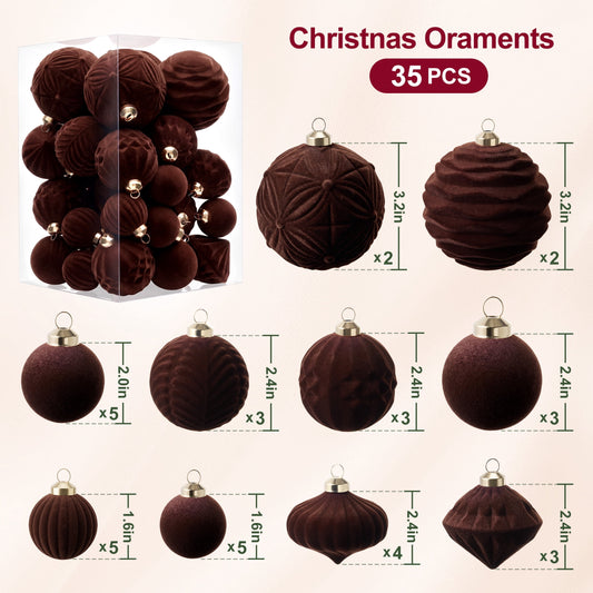 DR.Planzen Assorted Sizes Reddish Brown Christmas Ornaments Set, 35ct Mixed 3" & 2" & 1.5" Flocked & Thread Ball Holiday Decor, Indoor Xmas Tree Decorations