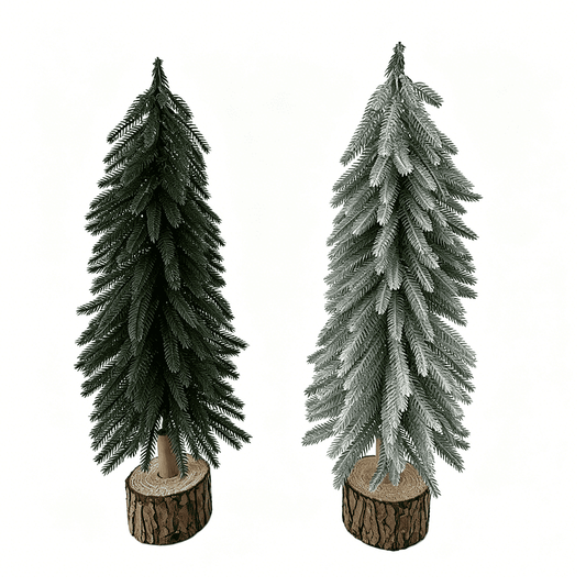 DR.Planzen Mini Pine Tree 2 Pack 19 Inch with Wood Base, Green & Snowy White Tabletop Christmas Tree, Small PE Artificial Christmas Trees for Christmas Decorations Mantel Shelf Office