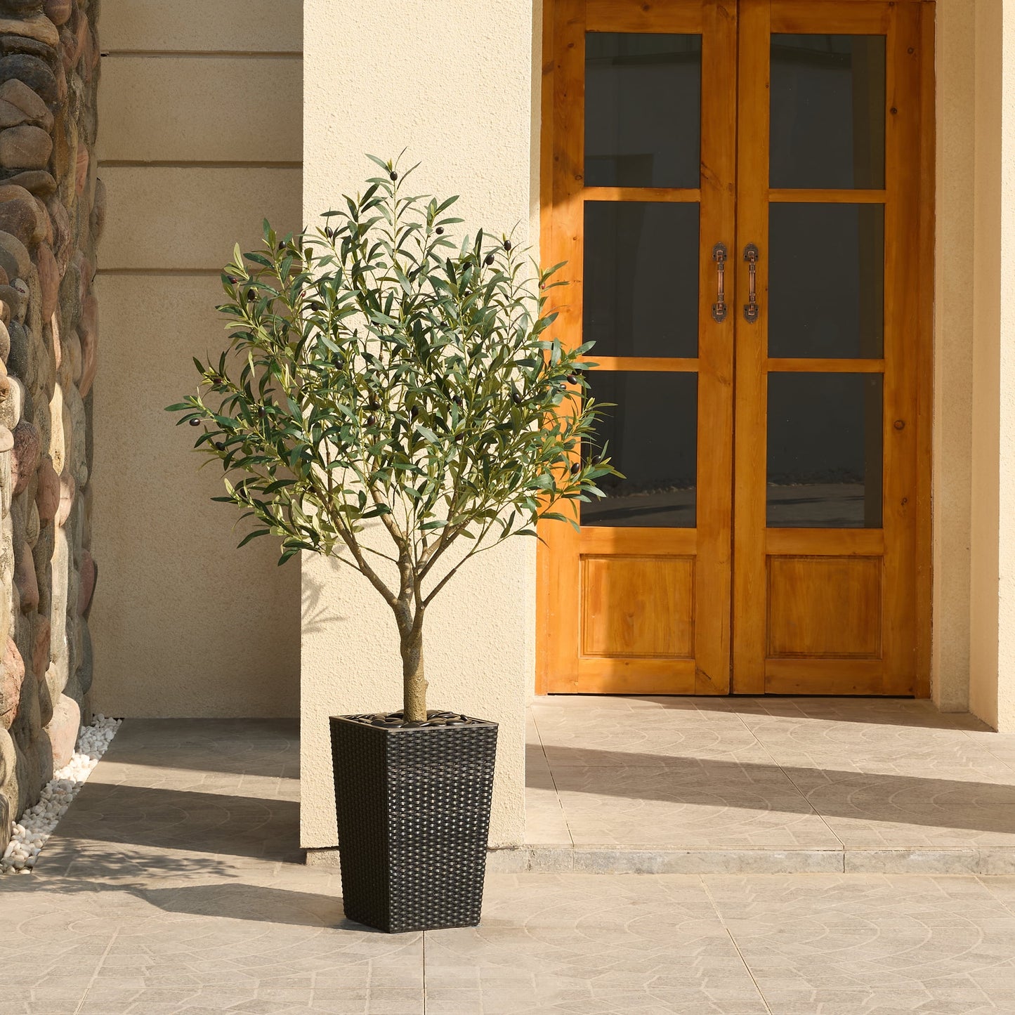 DR.Planzen UV Resistant 5ft Artificial Olive Tree in Black Large Planter with Pebbles¨C Faux Olive Tree for Indoor and Outdoor Decor, Lifelike Greenery for Home & Garden Decor