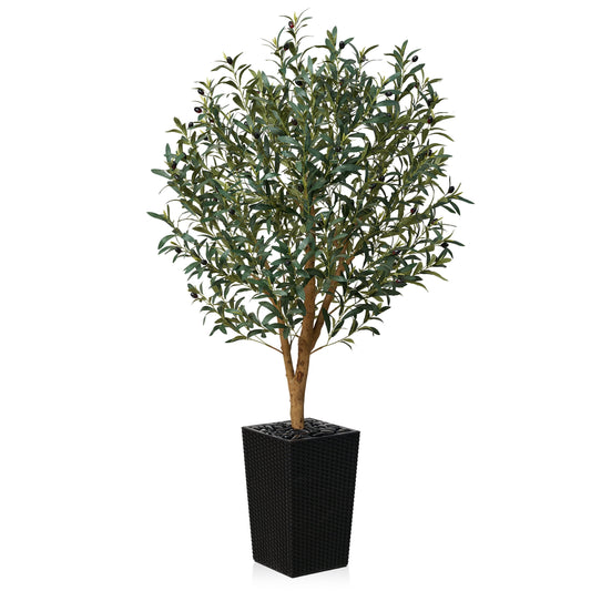 DR.Planzen UV Resistant 5ft Artificial Olive Tree with Natural Wood Branches and Realistic Silk Leaves,Faux Olive Tree for Indoor and Outdoor Decor - Black Large Planter with Pebbles