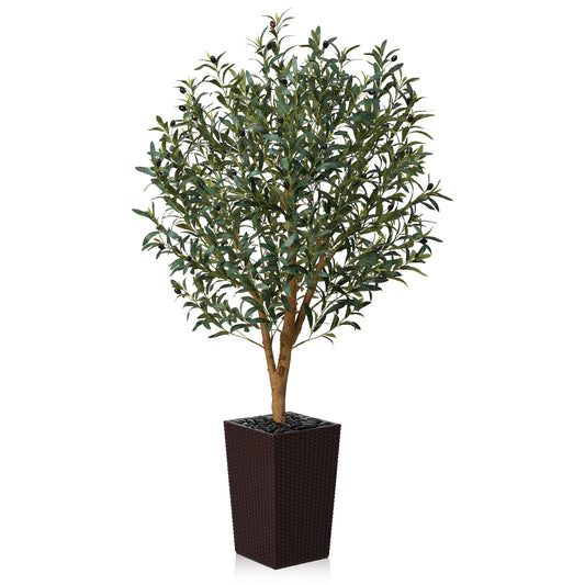 DR.Planzen UV Resistant 5ft Artificial Olive Tree with Natural Wood Branches and Realistic Silk Leaves,Faux Olive Tree for Indoor and Outdoor Decor - Brown Large Planter with Pebbles