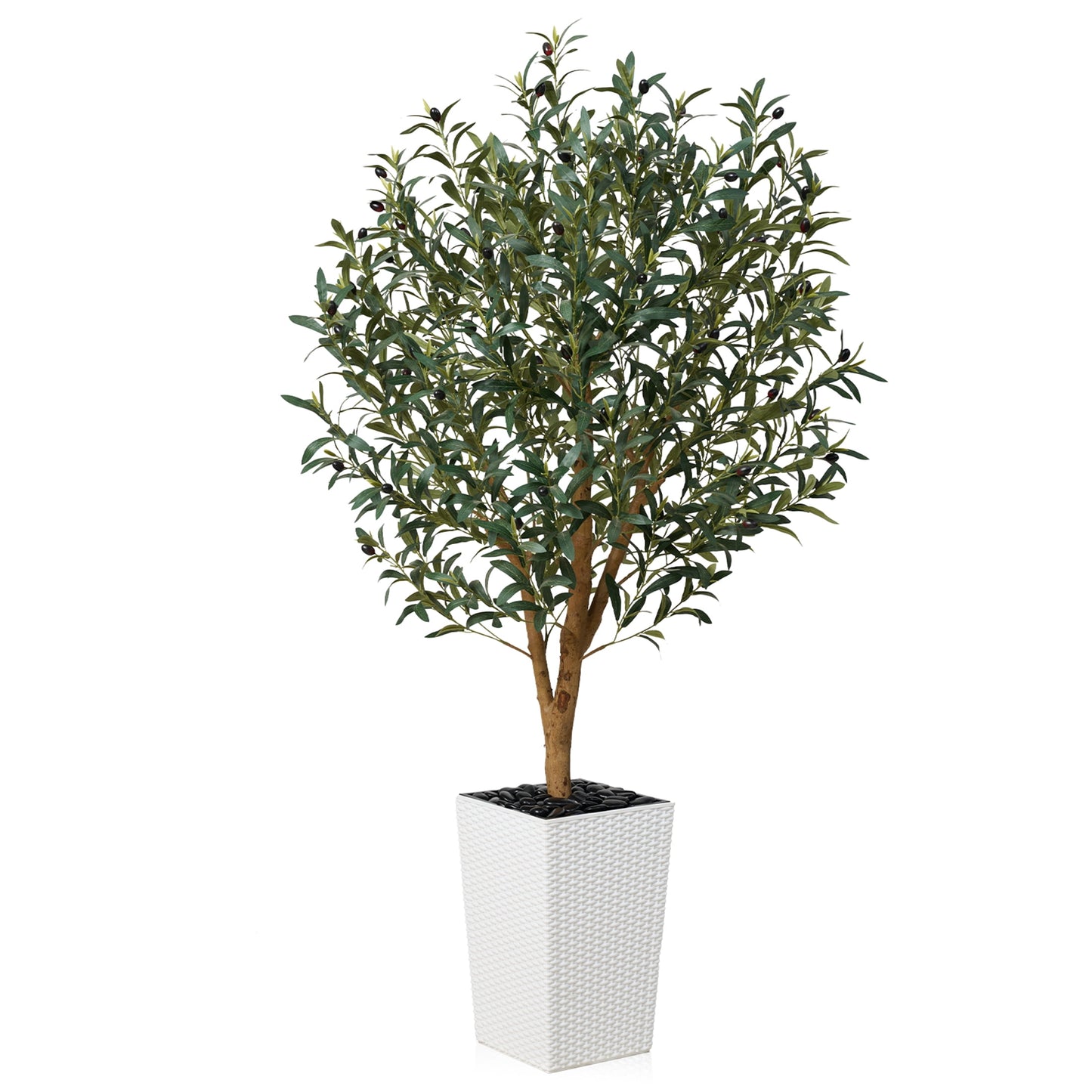 DR.Planzen UV Resistant 5ft Artificial Olive Tree with Natural Wood Branches and Realistic Silk Leaves,Faux Olive Tree for Indoor and Outdoor Decor - White Large Planter with Pebbles