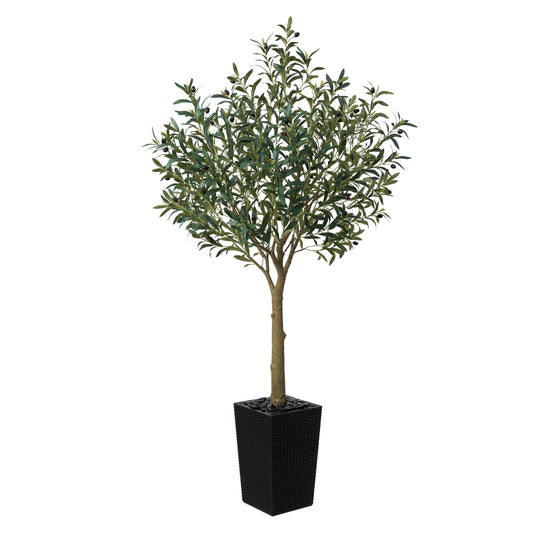 DR.Planzen UV Resistant 6ft Artificial Olive Tree in Black Large Planter with Pebbles¨C Faux Olive Tree for Indoor and Outdoor Decor, Lifelike Greenery for Home & Garden Decor