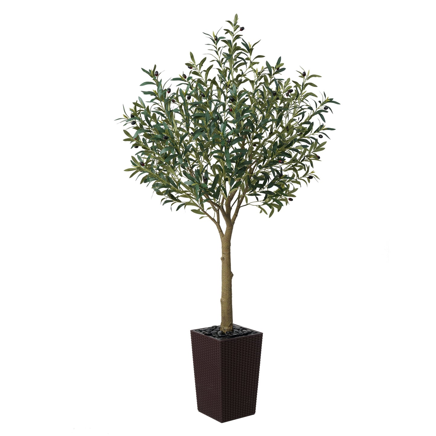 DR.Planzen UV Resistant 6ft Artificial Olive Tree in Brown Large Planter with Pebbles¨C Faux Olive Tree for Indoor and Outdoor Decor, Lifelike Greenery for Home & Garden Decor