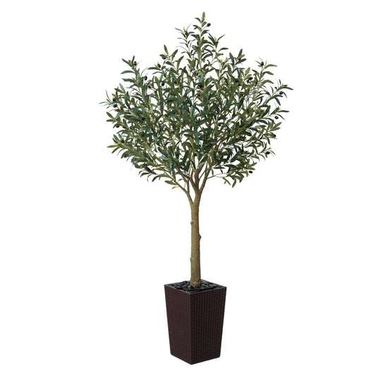DR.Planzen UV Resistant 6ft Artificial Olive Tree in Brown Large Planter with Pebbles¨C Faux Olive Tree for Indoor and Outdoor Decor, Lifelike Greenery for Home & Garden Decor