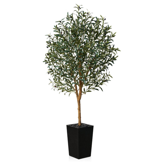 DR.Planzen UV Resistant 6ft Artificial Olive Tree with Natural Wood Branches and Realistic Silk Leaves,Faux Olive Tree for Indoor and Outdoor Decor - Black Large Planter with Pebbles