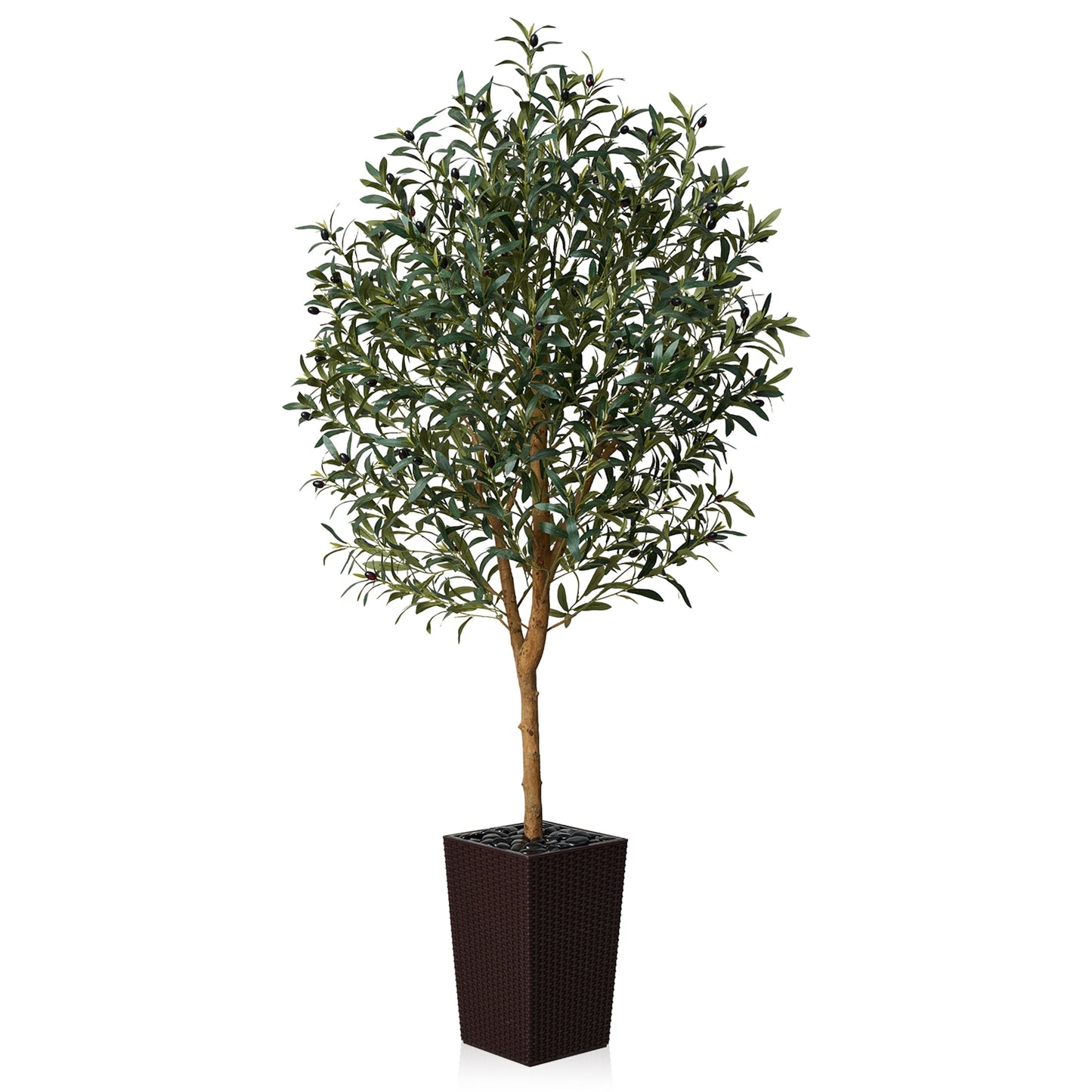 DR.Planzen UV Resistant 6ft Artificial Olive Tree with Natural Wood Branches and Realistic Silk Leaves,Faux Olive Tree for Indoor and Outdoor Decor - Brown Large Planter with Pebbles