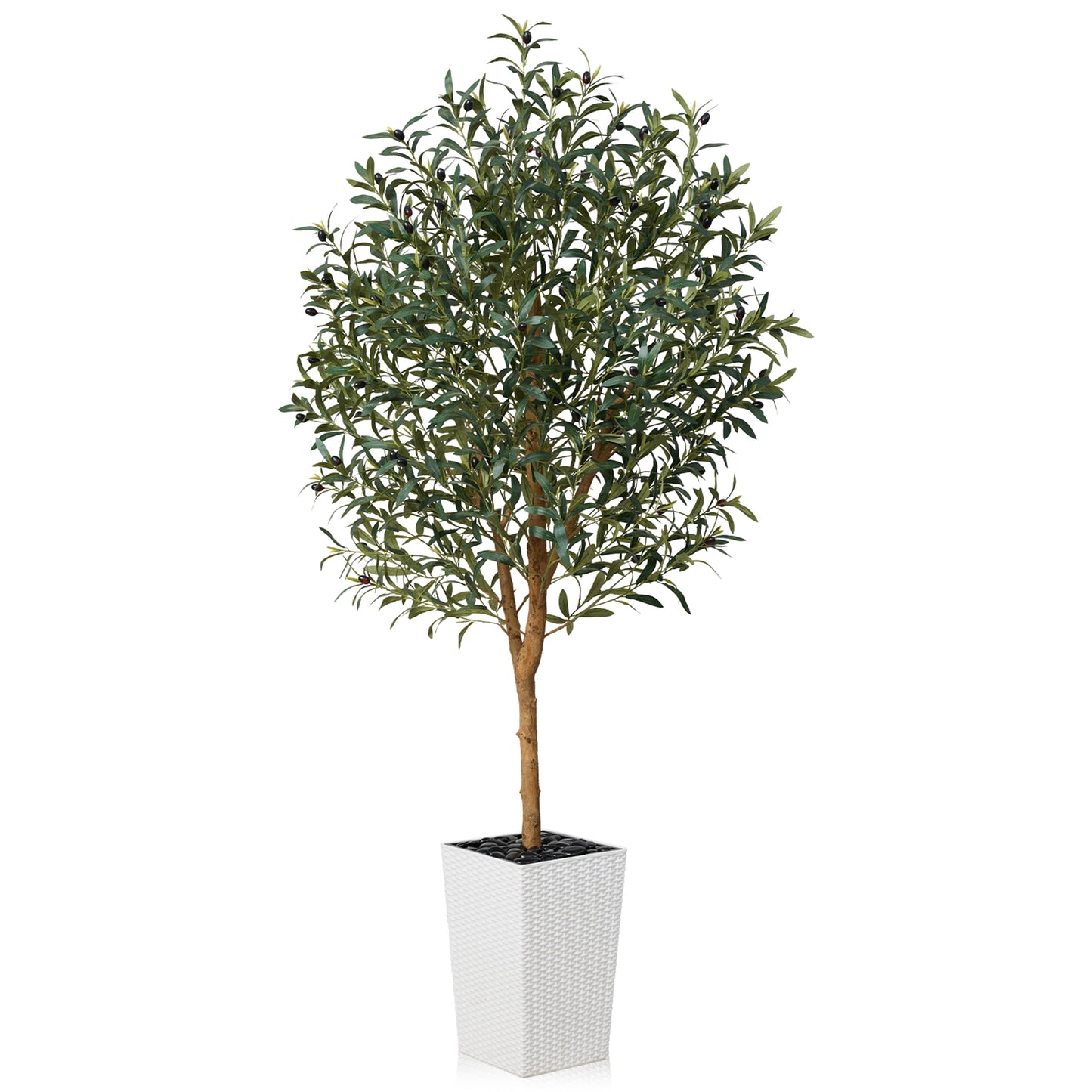 DR.Planzen UV Resistant 6ft Artificial Olive Tree with Natural Wood Branches and Realistic Silk Leaves,Faux Olive Tree for Indoor and Outdoor Decor - White Large Planter with Pebbles
