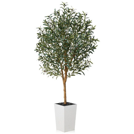 DR.Planzen UV Resistant 6ft Artificial Olive Tree with Natural Wood Branches and Realistic Silk Leaves,Faux Olive Tree for Indoor and Outdoor Decor - White Large Planter with Pebbles