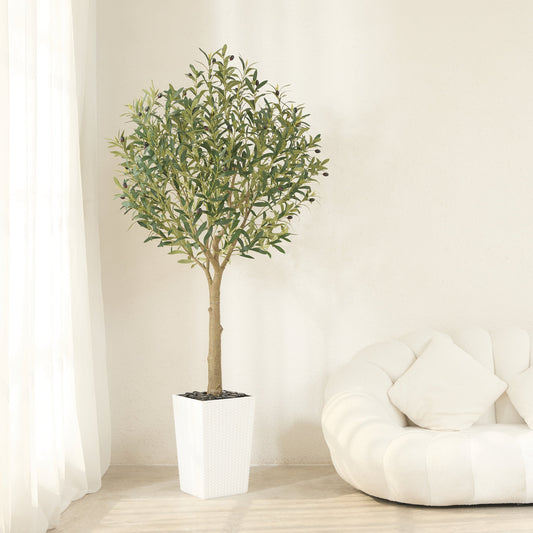 DR.Planzen UV Resistant 6ft Artificial Olive Tree in White Large Planter with Pebbles¨C Faux Olive Tree for Indoor and Outdoor Decor, Lifelike Greenery for Home & Garden Decor