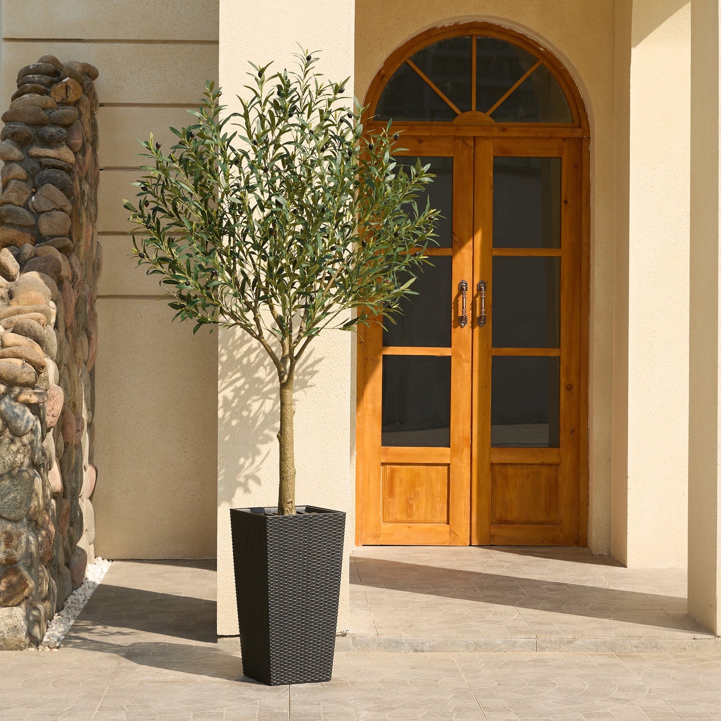 DR.Planzen UV Resistant 7ft Artificial Olive Tree in Black Large Planter with Pebbles¨C Faux Olive Tree for Indoor and Outdoor Decor, Lifelike Greenery for Home & Garden Decor