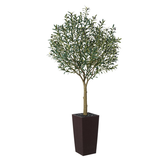 DR.Planzen UV Resistant 7ft Artificial Olive Tree in Brown Large Planter with Pebbles¨C Faux Olive Tree for Indoor and Outdoor Decor, Lifelike Greenery for Home & Garden Decor