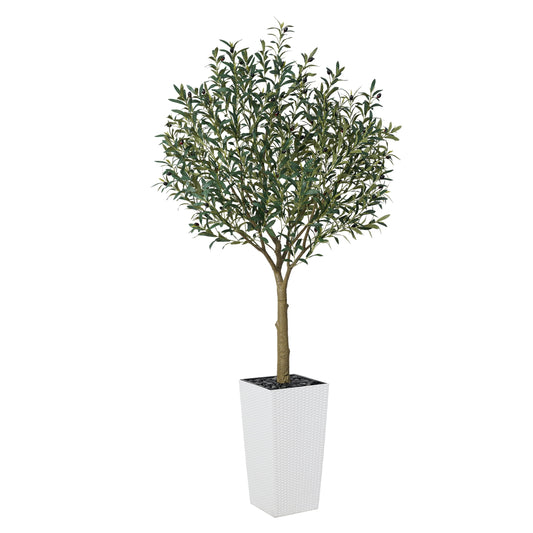 DR.Planzen UV Resistant 7ft Artificial Olive Tree in White Large Planter with Pebbles¨C Faux Olive Tree for Indoor and Outdoor Decor, Lifelike Greenery for Home & Garden Decor