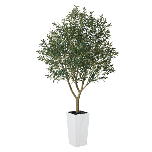 DR.Planzen UV Resistant 8ft Artificial Olive Tree in White Large Planter with Pebbles¨C Faux Olive Tree for Indoor and Outdoor Decor, Lifelike Greenery for Home & Garden Decor