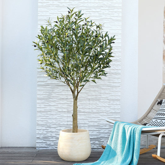 DR.Planzen 5ft Dense Artificial Olive Tree - Faux Olive Plant for Indoor & Outdoor Decor - Adjustable Branches - UV Resistant Realistic Olive Tree with Black Plastic Pot