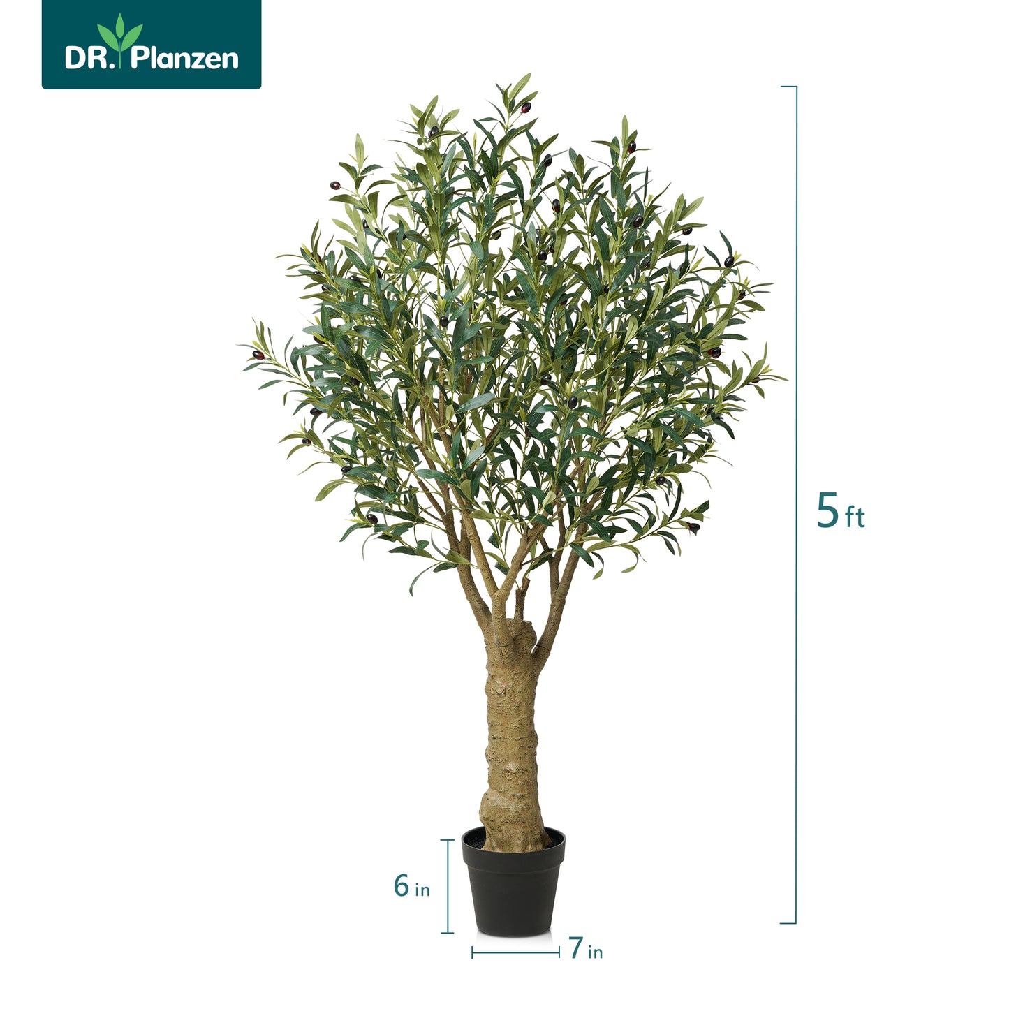 DR.Planzen 5FT Giant Artificial Olive Tree, Tall Silk Faux Olive Tree with Massive Trunk Base, Large UV Resistant Black Plastic Potted Plant for Indoor Outdoor Home Office Decor