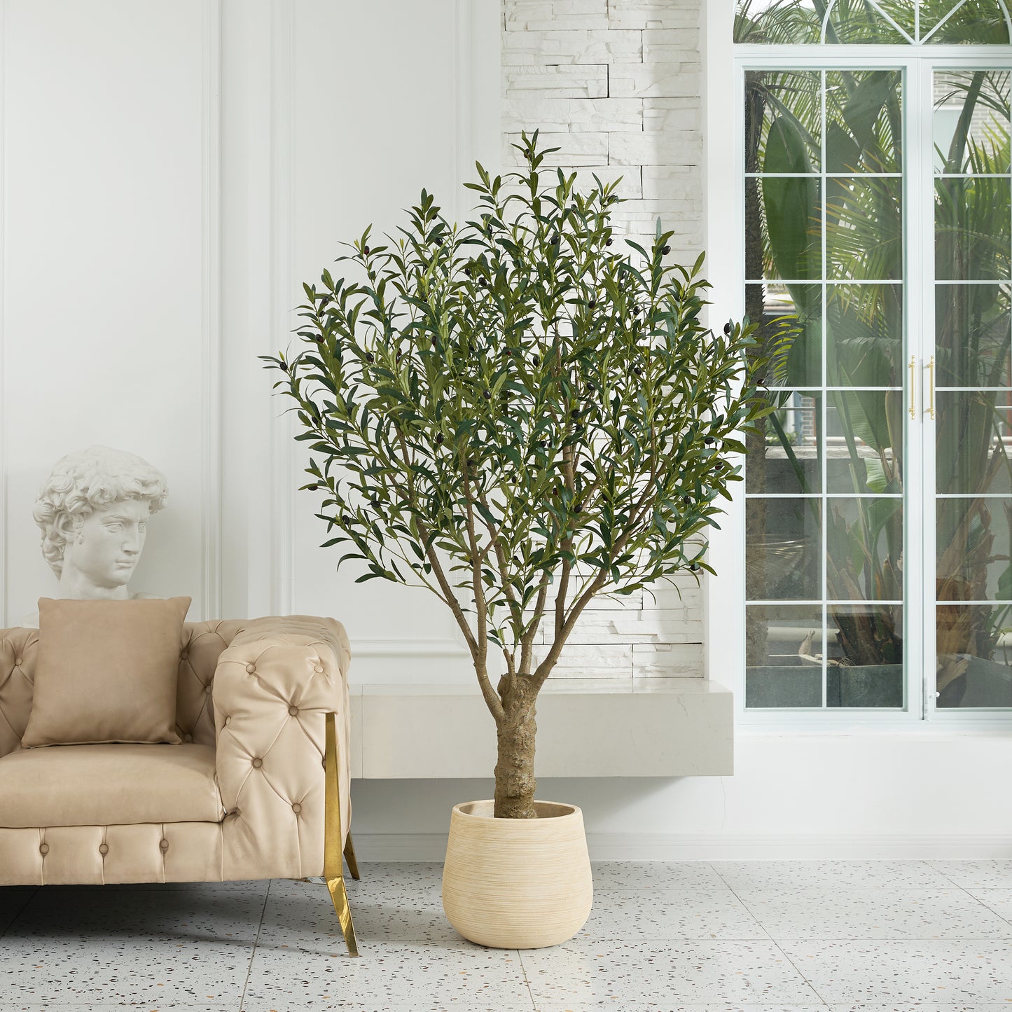 DR.Planzen 6FT Giant Artificial Olive Tree, Tall Silk Faux Olive Tree with Massive Trunk Base, Large UV Resistant Black Plastic Potted Plant for Indoor Outdoor Home Office Decor