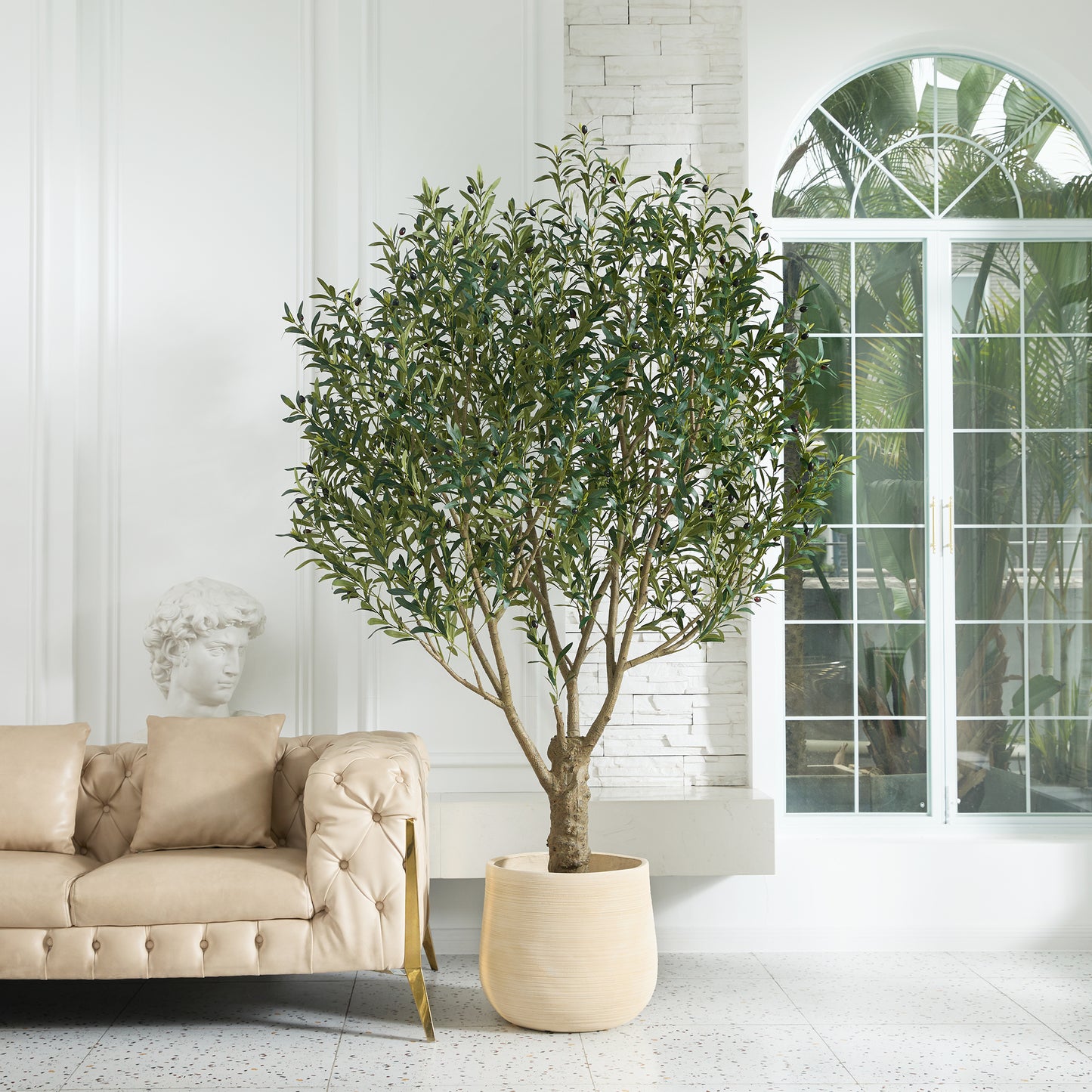 DR.Planzen 8FT Giant Artificial Olive Tree, Tall Silk Faux Olive Tree with Massive Trunk Base, Large UV Resistant Black Plastic Potted Plant for Indoor Outdoor Home Office Decor