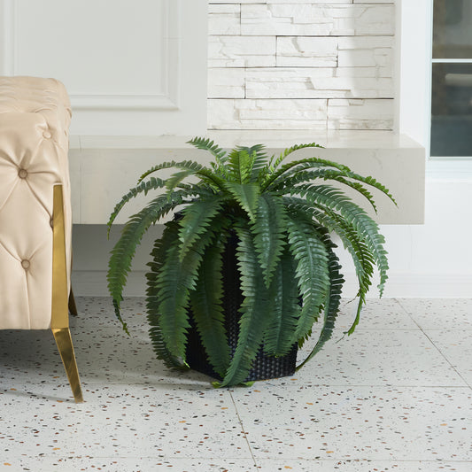 DR.Planzen Artificial Boston Fern Bush Plant with Black Tapered Planter - UV Resistant Faux Ferns with 33 Leaves