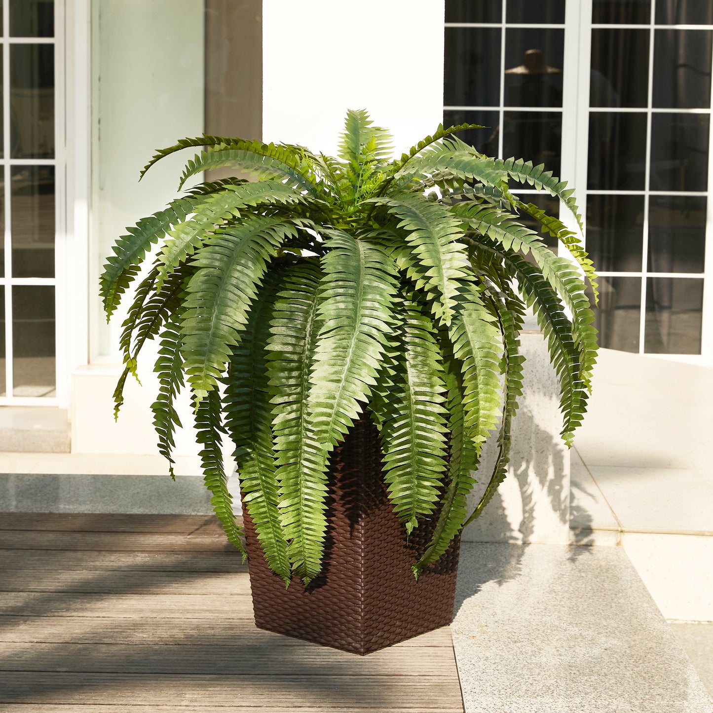 DR.Planzen Artificial Boston Fern Bush Plant with Brown Tapered Planter - UV Resistant Faux Ferns with 39 Leaves