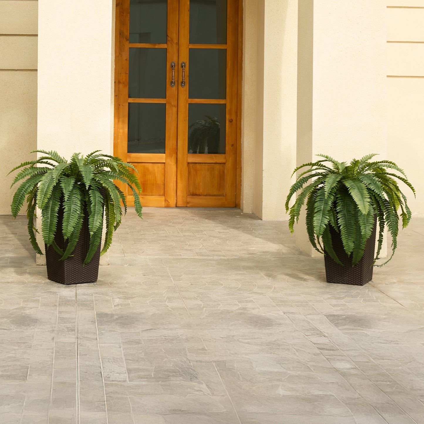 DR.Planzen Artificial Boston Fern Bush Plant with Brown Tapered Planter - UV Resistant Faux Ferns with 39 Leaves