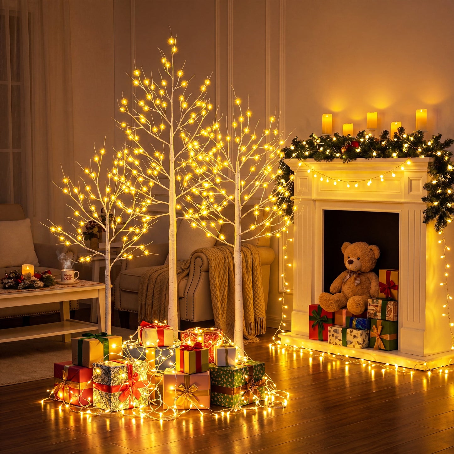 LED Birch Tree Light Set - 4ft, 5ft, 6ft Artificial Pre-lit Trees - with Plug-in Warm Lights - Indoor Outdoor Christmas Holiday Wedding Decor for Home Party (3-Pack)
