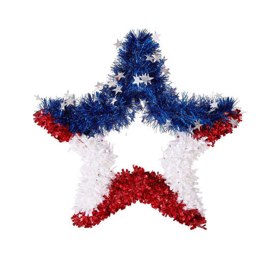 Patriotic Star Wreath 20 Inch 4th of July Wreath for Front Door - Sparkling Red White Blue Tinsel American Flag Wreath Independence Day Memorial Day Decorations Indoor Outdoor Patriotic Door Decor