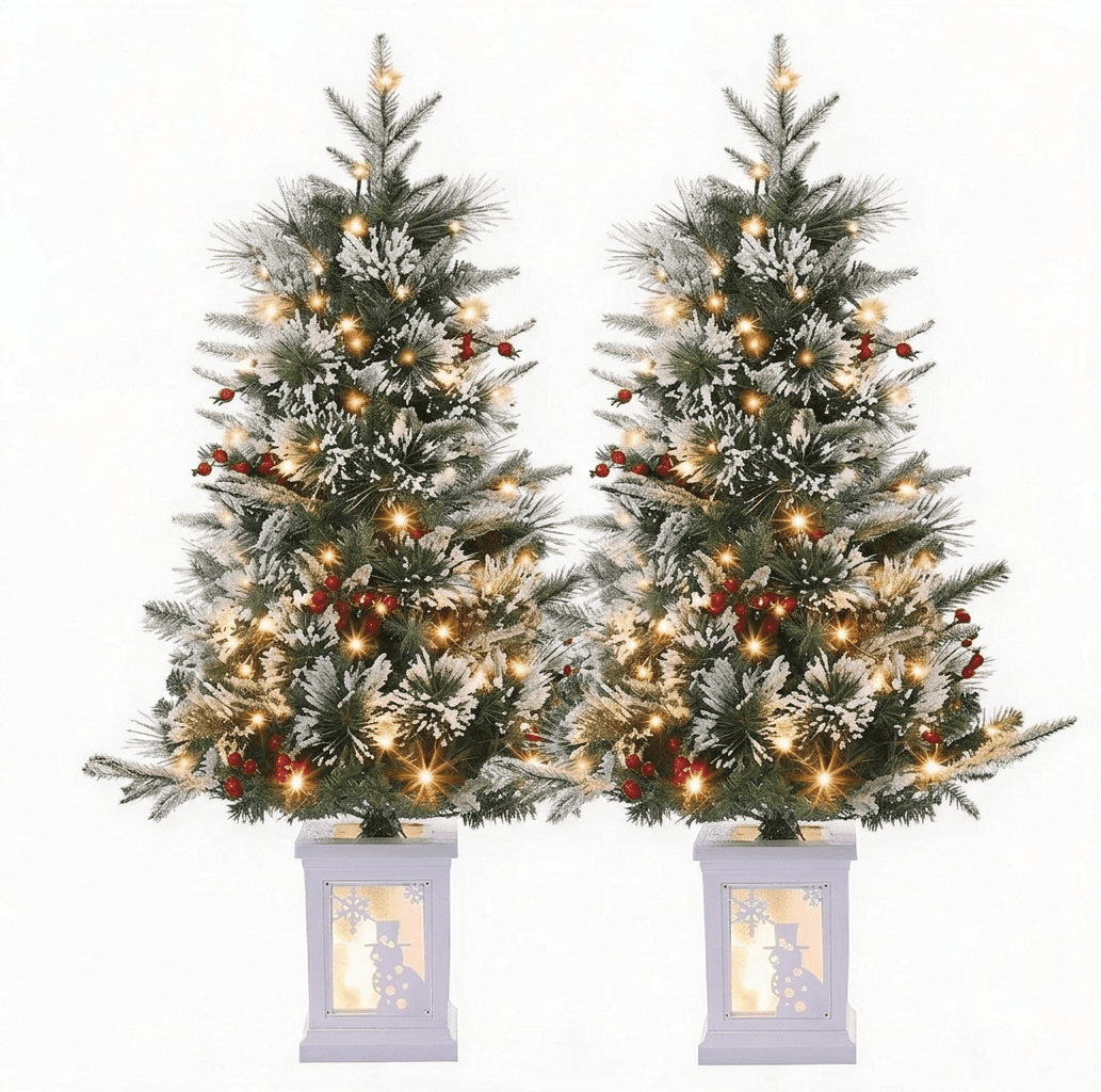 DR.Planzen 3 FT Pre-Lit Christmas Trees, 78 Warm White LEDs Each, 8 Light Modes & Timer, Xmas Trees with Lighted White Pedestal Bases, 2 Pack