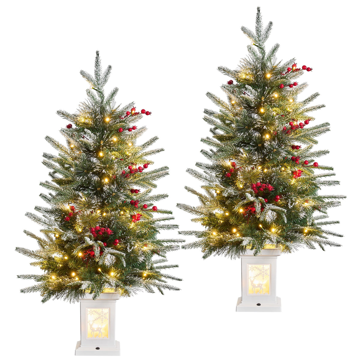 DR.Planzen 3 FT Pre-Lit Christmas Trees, 78 Warm White LEDs Each, 8 Light Modes & Timer, Artificial Trees with Lighted White Pedestal Bases, 2 Pack