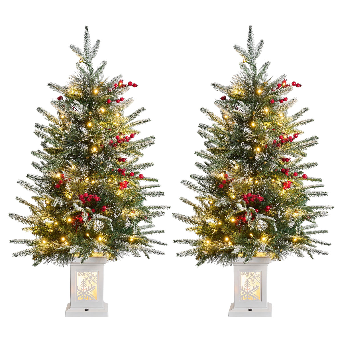 DR.Planzen 3 FT Pre-Lit Christmas Trees, 78 Warm White LEDs Each, 8 Light Modes & Timer, Artificial Trees with Lighted White Pedestal Bases, 2 PCS