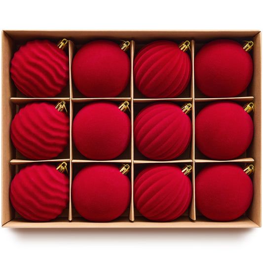 DR.Planzen 12PCS 3.2in Burgundy Christmas Ball Ornaments Set, Velvet Flocked Shatter-Resistant Xmas Balls - 3 Textured Styles with Gold Hanging Strings for Christmas Tree, Wreath, Mantel