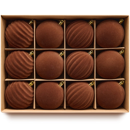 DR.Planzen 12PCS 3.2in Coffee Brown Christmas Ball Ornaments Set, Velvet Flocked Shatter-Resistant Balls - 3 Textured Styles with Gold Hanging Strings for Christmas Tree, Wreath, Mantel